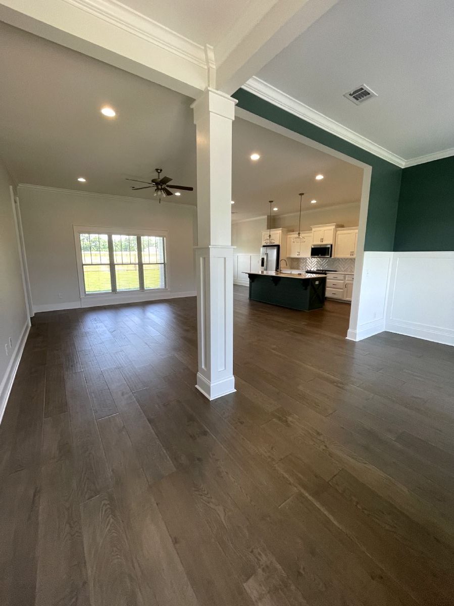 Sweet Pecan Custom Home Living Area and Kitchen Open Floor Plan